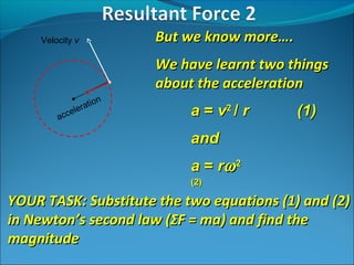 Velocity v

But we know more….
We have learnt two things
about the acceleration

n
atio
er
cel
ac

a = v2 / r

(1)

and
a = rω 2
(2)

YOUR TASK: Substitute the two equations (1) and (2)
in Newton’s second law (ΣF = ma) and find the
magnitude

 
