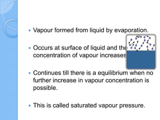  Vapour formed from liquid by evaporation.
 Occurs at surface of liquid and the
concentration of vapour increases.
 Continues till there is a equilibrium when no
further increase in vapour concentration is
possible.
 This is called saturated vapour pressure.
 