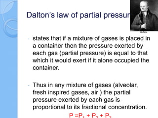 Dalton’s law of partial pressures
- states that if a mixture of gases is placed in
a container then the pressure exerted by
each gas (partial pressure) is equal to that
which it would exert if it alone occupied the
container.
- Thus in any mixture of gases (alveolar,
fresh inspired gases, air ) the partial
pressure exerted by each gas is
proportional to its fractional concentration.
P =P + P + P
 