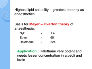 Highest lipid solubility – greatest potency as
anaesthetics.
Basis for Meyer – Overton theory of
anaesthesia.
N2O - 1.4
Ether - 65
Halothane - 224,
Application : Halothane very potent and
needs lesser concentration in alveoli and
brain
 