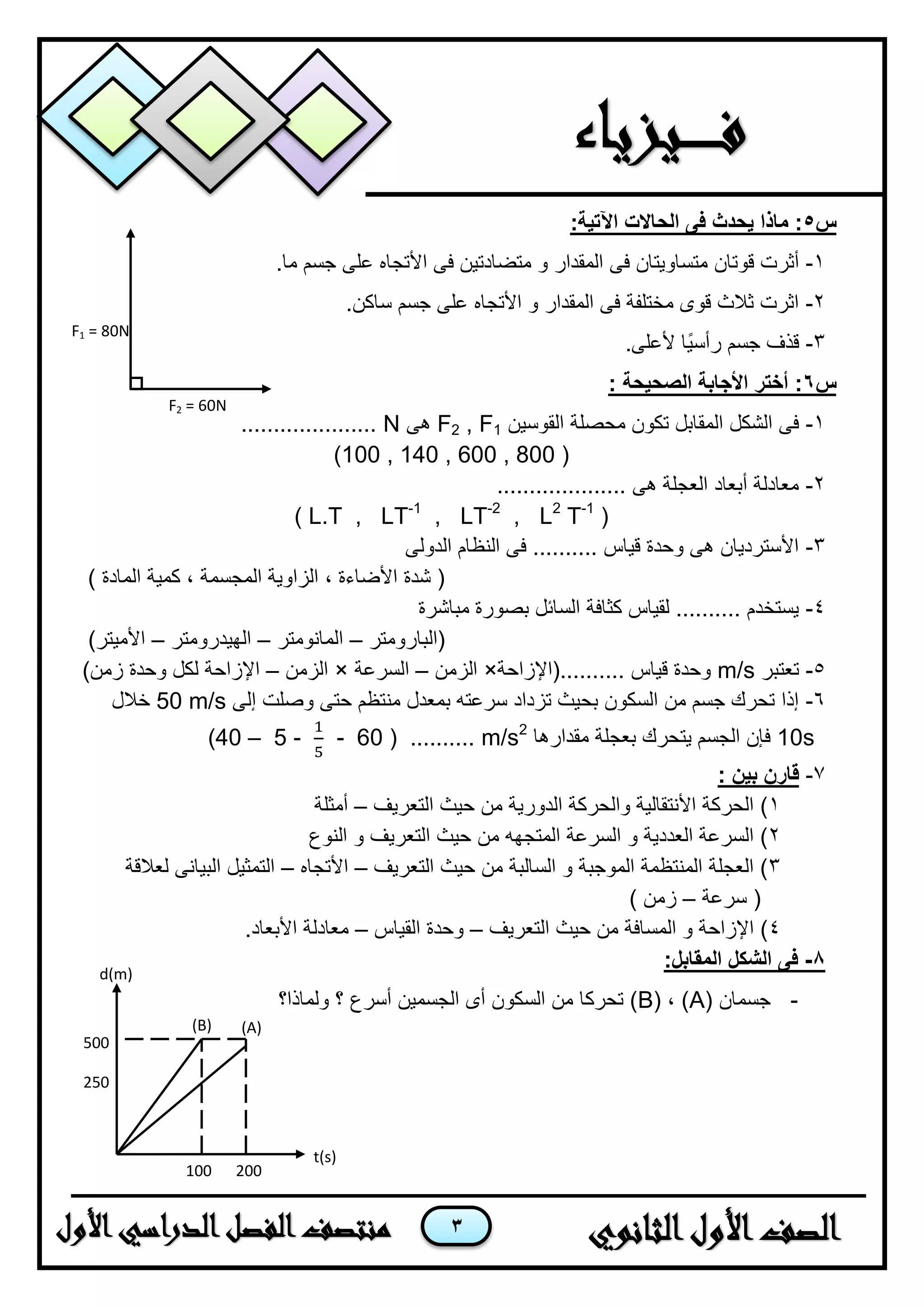 3
‫س‬5:‫اآلتية‬ ‫الحاالت‬ ‫فى‬ ‫يحدث‬ ‫ماذا‬ :
1-‫قوتان‬ ‫أثرت‬.‫ما‬ ‫جسم‬ ‫على‬ ‫األتجاه‬ ‫فى‬ ‫متضادتين‬ ‫و‬ ‫المقدار‬ ‫فى‬ ‫متساويتان‬
2-.‫ساكن‬ ‫جسم‬ ‫على‬ ‫األتجاه‬ ‫و‬ ‫المقدار‬ ‫فى‬ ‫مختلفة‬ ‫قوى‬ ‫ثالث‬ ‫اثرت‬
3-.‫ألعلى‬ ‫اا‬‫ي‬‫رأس‬ ‫جسم‬ ‫قذف‬
‫س‬6: ‫الصحيحة‬ ‫األجابة‬ ‫أختر‬ :
1-‫القوسين‬ ‫محصلة‬ ‫تكون‬ ‫المقابل‬ ‫الشكل‬ ‫فى‬F2 , F1‫هى‬N.....................
(100 , 140 , 600 , 800 )
2-.................... ‫هى‬ ‫العجلة‬ ‫أبعاد‬ ‫معادلة‬
( L.T , LT-1
, LT-2
, L2
T-1
)
3-‫الدولى‬ ‫النظام‬ ‫فى‬ .......... ‫قياس‬ ‫وحدة‬ ‫هى‬ ‫األسترديان‬
) ‫المادة‬ ‫كمية‬ ، ‫المجسمة‬ ‫الزاوية‬ ، ‫األضاءة‬ ‫شدة‬ (
4-‫كثافة‬ ‫لقياس‬ .......... ‫يستخدم‬‫مباشرة‬ ‫بصورة‬ ‫السائل‬
‫(البارومتر‬–‫المانومتر‬–‫الهيدرومتر‬–)‫األميتر‬
5-‫تعتبر‬m/s‫..........(اإلزاحة‬ ‫قياس‬ ‫وحدة‬×‫الزمن‬–‫السرعة‬×‫الزمن‬–)‫زمن‬ ‫وحدة‬ ‫لكل‬ ‫اإلزاحة‬
6-‫إلى‬ ‫وصلت‬ ‫حتى‬ ‫منتظم‬ ‫بمعدل‬ ‫سرعته‬ ‫تزداد‬ ‫بحيث‬ ‫السكون‬ ‫من‬ ‫جسم‬ ‫تحرك‬ ‫إذا‬50 m/s‫خالل‬
10s‫فإ‬‫مقدارها‬ ‫بعجلة‬ ‫يتحرك‬ ‫الجسم‬ ‫ن‬m/s2
( ..........40 – 5 - - 60)
7-: ‫بين‬ ‫قارن‬
1‫التعريف‬ ‫حيث‬ ‫من‬ ‫الدورية‬ ‫والحركة‬ ‫األنتقالية‬ ‫الحركة‬ )–‫أمثلة‬
2‫النوع‬ ‫و‬ ‫التعريف‬ ‫حيث‬ ‫من‬ ‫المتجهه‬ ‫السرعة‬ ‫و‬ ‫العددية‬ ‫السرعة‬ )
3‫التعريف‬ ‫حيث‬ ‫من‬ ‫السالبة‬ ‫و‬ ‫الموجبة‬ ‫المنتظمة‬ ‫العجلة‬ )–‫األتجاه‬–‫لعالقة‬ ‫البيانى‬ ‫التمثيل‬
‫سرعة‬ (–) ‫زمن‬
4‫التعريف‬ ‫حيث‬ ‫من‬ ‫المسافة‬ ‫و‬ ‫اإلزاحة‬ )–‫القياس‬ ‫وحدة‬–.‫األبعاد‬ ‫معادلة‬
8-:‫المقابل‬ ‫الشكل‬ ‫فى‬
-( ‫جسمان‬A( ، )B‫ولماذا؟‬ ‫؟‬ ‫أسرع‬ ‫الجسمين‬ ‫أى‬ ‫السكون‬ ‫من‬ ‫تحركا‬ )
F2 = 60N
F1 = 80N
(A)(B)
t(s)
500
250
200100
d(m)
 