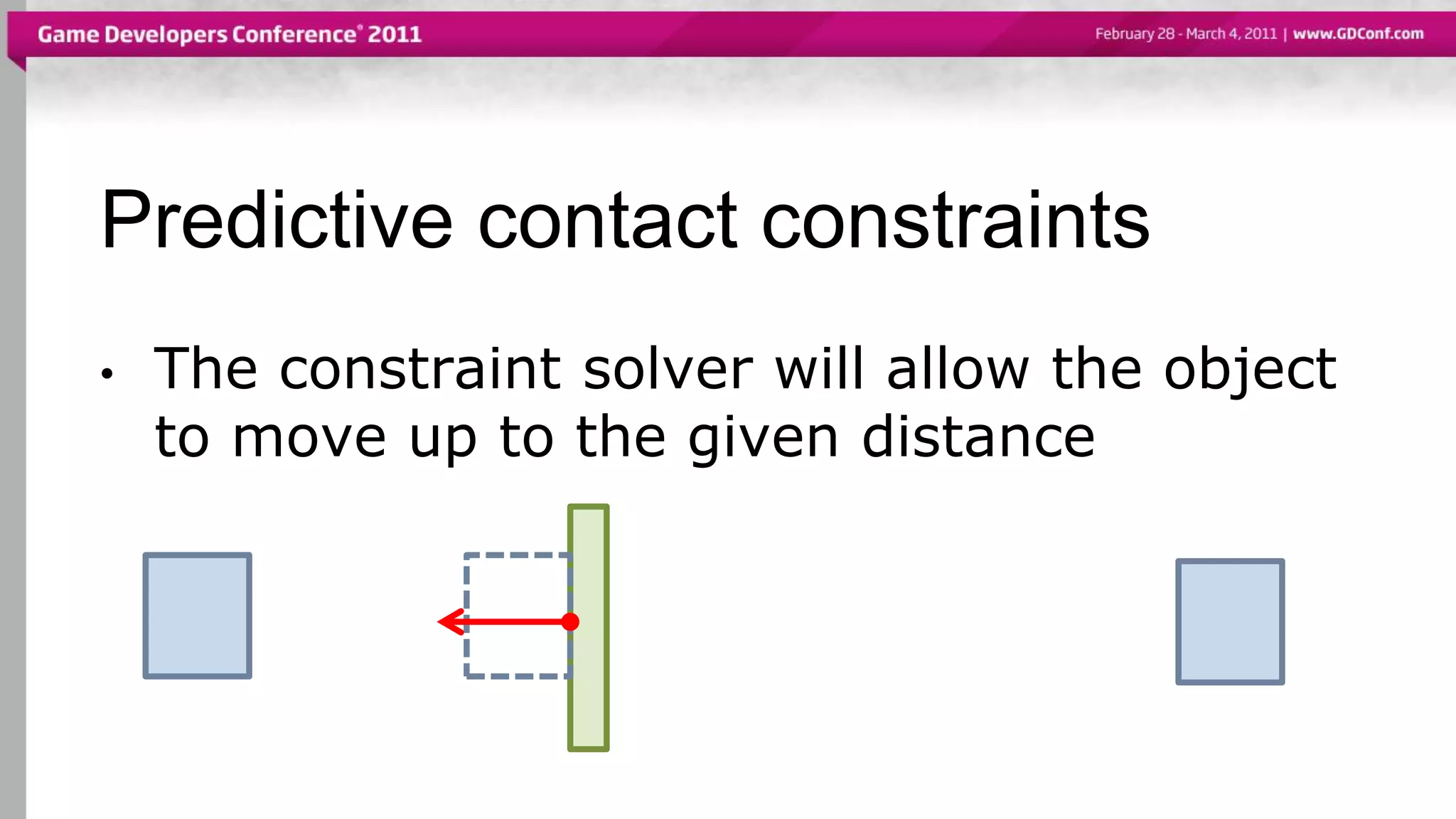 Predictive contact constraints
• The constraint solver will allow the object
to move up to the given distance
 