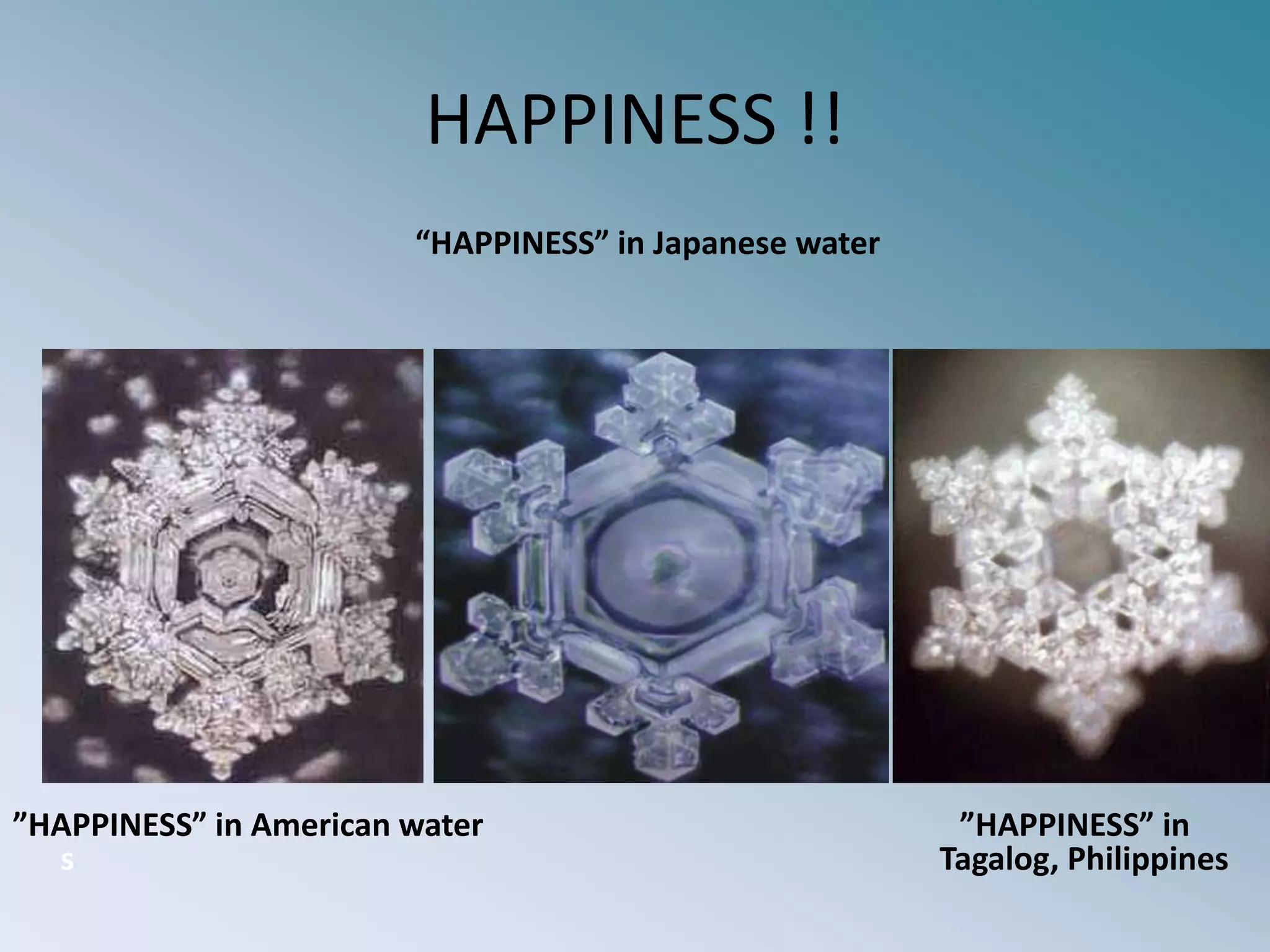 HAPPINESS !!“HAPPINESS” in Japanese water”HAPPINESS” in American water                                                            ”HAPPINESS” in                                                                                                                                            sTagalog, Philippines