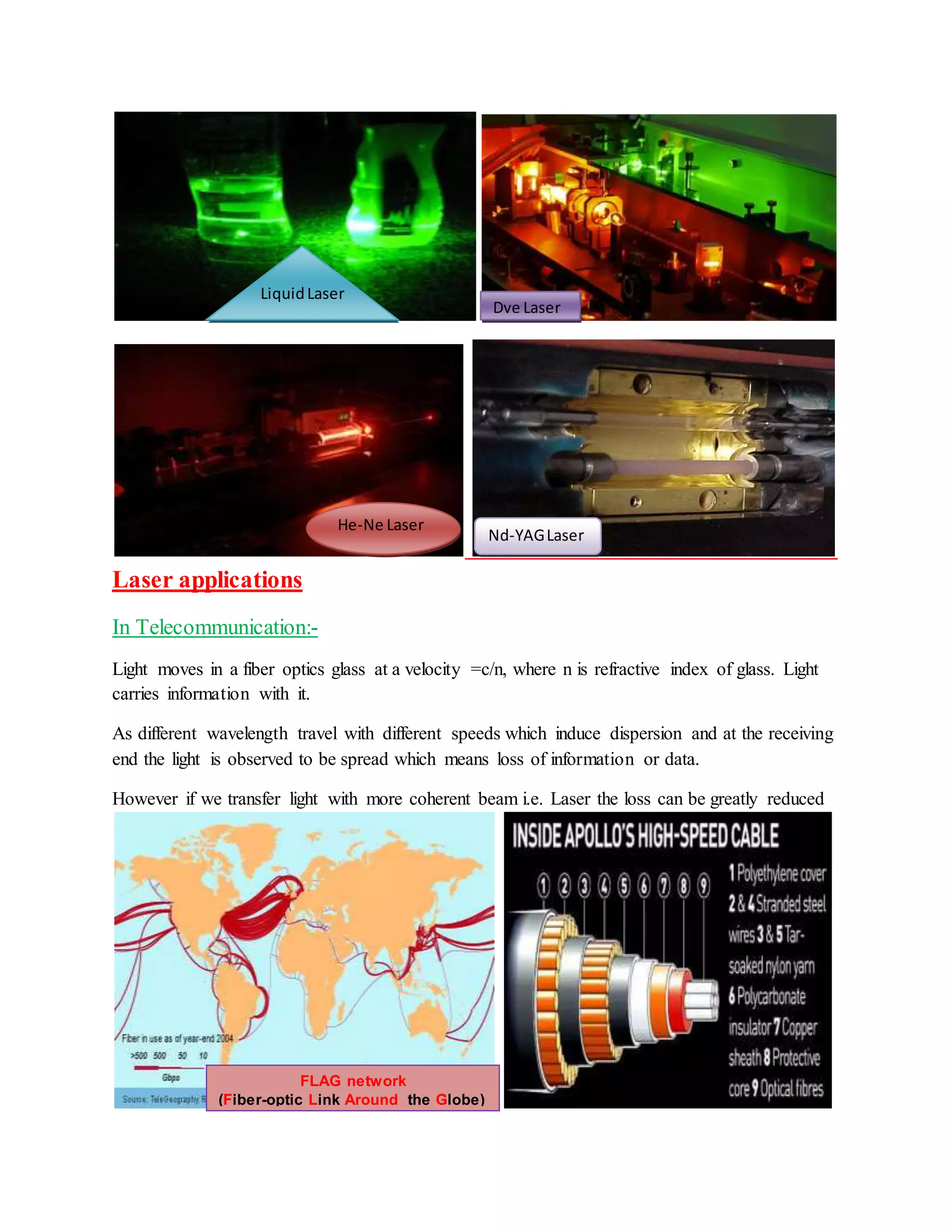 Laser applications
In Telecommunication:-
Light moves in a fiber optics glass at a velocity =c/n, where n is refractive index of glass. Light
carries information with it.
As different wavelength travel with different speeds which induce dispersion and at the receiving
end the light is observed to be spread which means loss of information or data.
However if we transfer light with more coherent beam i.e. Laser the loss can be greatly reduced
FLAG network
(Fiber-optic Link Around the Globe)
LiquidLaser
Dye Laser
He-Ne Laser
Nd-YAGLaser
 