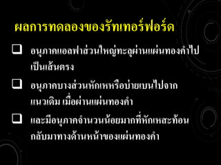 ผลกำรทดลองของรัทเทอร์ฟอร์ด
 อนุภำคแอลฟำส่วนใหญ่ทะลุผ่ำนแผ่นทองคำไป
เป็นเส้นตรง
 อนุภำคบำงส่วนหักเหหรือบ่ำยเบนไปจำก
แนวเดิม เมื่อผ่ำนแผ่นทองคำ
 และมีอนุภำคจำนวนน้อยมำกที่หักเหสะท้อน
กลับมำทำงด้ำนหน้ำของแผ่นทองคำ
 