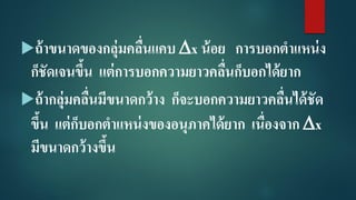 ถ้าขนาดของกลุ่มคลื่นแคบ x น้อย การบอกตาแหน่ง
ก็ชัดเจนขึ้น แต่การบอกความยาวคลื่นก็บอกได้ยาก
ถ้ากลุ่มคลื่นมีขนาดกว้าง ก็จะบอกความยาวคลื่นได้ชัด
ขึ้น แต่ก็บอกตาแหน่งของอนุภาคได้ยาก เนื่องจาก x
มีขนาดกว้างขึ้น
 