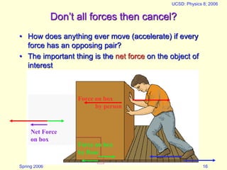 Spring 2006
UCSD: Physics 8; 2006
16
Don’t all forces then cancel?
• How does anything ever move (accelerate) if every
force has an opposing pair?
• The important thing is the net force on the object of
interest
Force on box
by floor
Force on box
by person
Net Force
on box
 