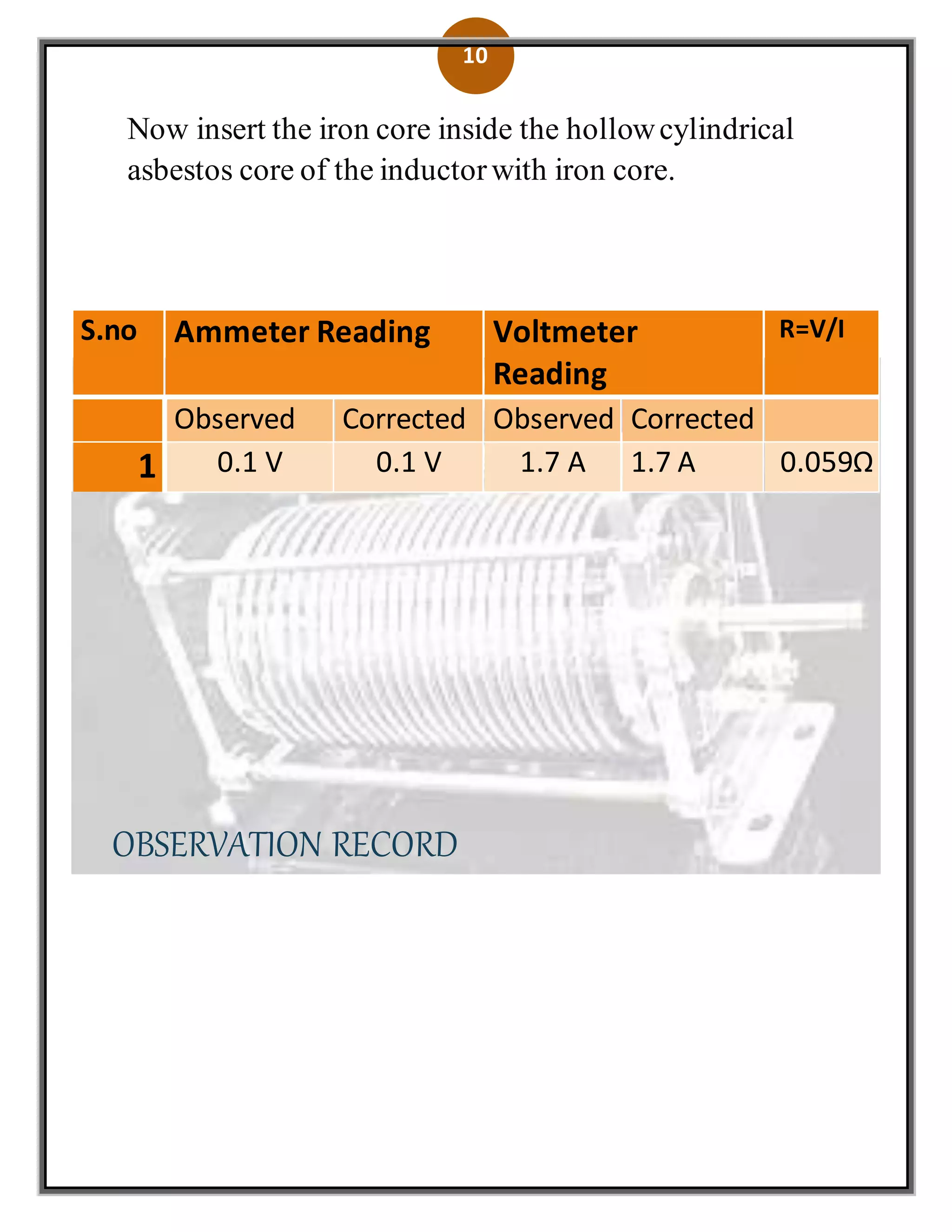 10
Now insert the iron core inside the hollowcylindrical
asbestos core of the inductorwith iron core.
OBSERVATION RECORD
S.no Ammeter Reading Voltmeter
Reading
R=V/I
Observed Corrected Observed Corrected
1 0.1 V 0.1 V 1.7 A 1.7 A 0.059Ω
 