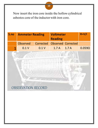 10
Now insert the iron core inside the hollowcylindrical
asbestos core of the inductorwith iron core.
OBSERVATION RECORD
S.no Ammeter Reading Voltmeter
Reading
R=V/I
Observed Corrected Observed Corrected
1 0.1 V 0.1 V 1.7 A 1.7 A 0.059Ω
 