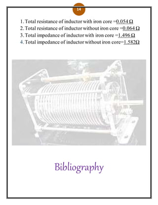 14
1.Total resistance of inductor with iron core =0.054 Ω
2.Total resistance of inductorwithout iron core =0.064 Ω
3.Total impedance of inductorwith iron core =1.496 Ω
4.Total impedance of inductorwithout iron core=1.582Ω
Bibliography
 