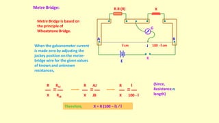 Metre Bridge:
A B
R.B (R) X
G
J
K
E
l cm 100 - l cm
Metre Bridge is based on
the principle of
Wheatstone Bridge.
When the galvanometer current
is made zero by adjusting the
jockey position on the metre-
bridge wire for the given values
of known and unknown
resistances,
R RAJ
X RJB
R AJ
X JB
R l
X 100 - l
(Since,
Resistance α
length)
Therefore, X = R (100 – l) ∕ l
 