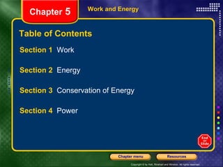 Table of Contents Section 1  Work Section 2  Energy Section 3  Conservation of Energy Section 4  Power Work and Energy Chapter  5 