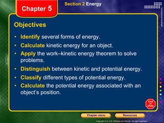 Objectives Identify   several forms of energy. Calculate   kinetic energy for an object. Apply   the work–kinetic energy theorem to solve problems. Distinguish   between kinetic and potential energy. Classify   different types of potential energy. Calculate   the potential energy associated with an object’s position. Section 2  Energy Chapter  5 