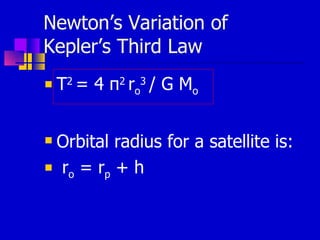 Newton’s Variation of  Kepler’s Third Law T 2  =  4  π 2  r o 3   / G M o Orbital radius for a satellite is:  r o  = r p  + h 
