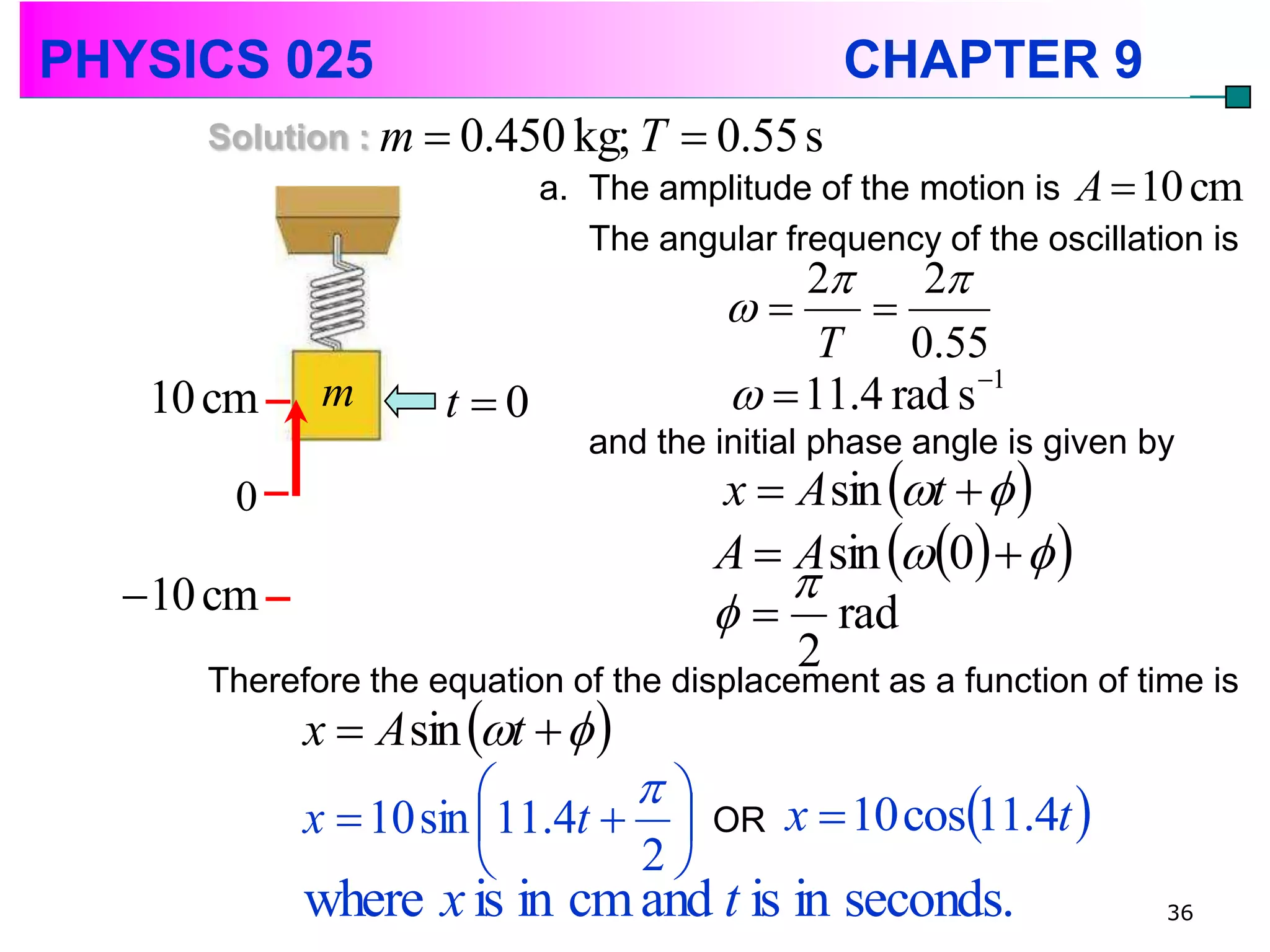 PHYSICS 025                                   CHAPTER 9
     Solution : m  0.450 kg; T  0.55 s
                        a. The amplitude of the motion is A  10 cm
                           The angular frequency of the oscillation is
                                          2     2
                                            
                                           T    0.55
   10 cm    m       t 0                11.4 rad s 1

                             and the initial phase angle is given by
      0                              x  A sin t   
                                     A  A sin 0   
  10 cm                                 
                                       rad
                                         2
     Therefore the equation of the displacement as a function of time is
           x  A sin t   
                              
           x  10 sin 11.4t       OR   x  10 cos11.4t 
                              2
           where x is in cm and t is in seconds.                   36
 