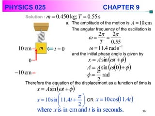 PHYSICS 025                                   CHAPTER 9
     Solution : m  0.450 kg; T  0.55 s
                        a. The amplitude of the motion is A  10 cm
                           The angular frequency of the oscillation is
                                          2     2
                                            
                                           T    0.55
   10 cm    m       t 0                11.4 rad s 1

                             and the initial phase angle is given by
      0                              x  A sin t   
                                     A  A sin 0   
  10 cm                                 
                                       rad
                                         2
     Therefore the equation of the displacement as a function of time is
           x  A sin t   
                              
           x  10 sin 11.4t       OR   x  10 cos11.4t 
                              2
           where x is in cm and t is in seconds.                   36
 