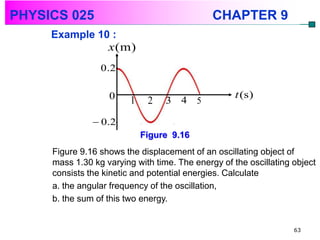 PHYSICS 025                                   CHAPTER 9
     Example 10 :
                   x(m)
                 0 .2

                   0                                t (s )
                         1    2   3 4 5

                0 .2
                             Figure 9.16
     Figure 9.16 shows the displacement of an oscillating object of
     mass 1.30 kg varying with time. The energy of the oscillating object
     consists the kinetic and potential energies. Calculate
     a. the angular frequency of the oscillation,
     b. the sum of this two energy.


                                                                   63
 
