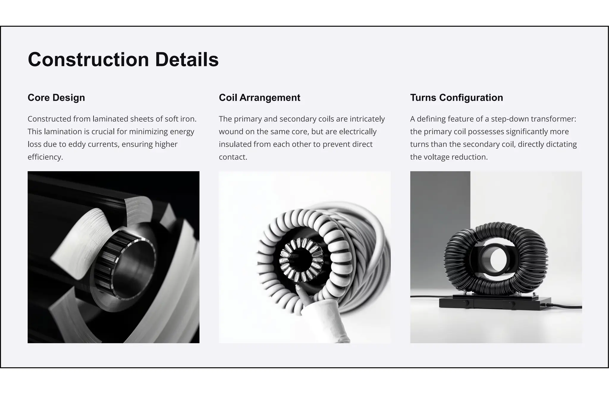 Construction Details
Core Design
Constructed from laminated sheets of soft iron.
This lamination is crucial for minimizing energy
loss due to eddy currents, ensuring higher
efficiency.
Coil Arrangement
The primary and secondary coils are intricately
wound on the same core, but are electrically
insulated from each other to prevent direct
contact.
Turns Configuration
A defining feature of a step-down transformer:
the primary coil possesses significantly more
turns than the secondary coil, directly dictating
the voltage reduction.
 