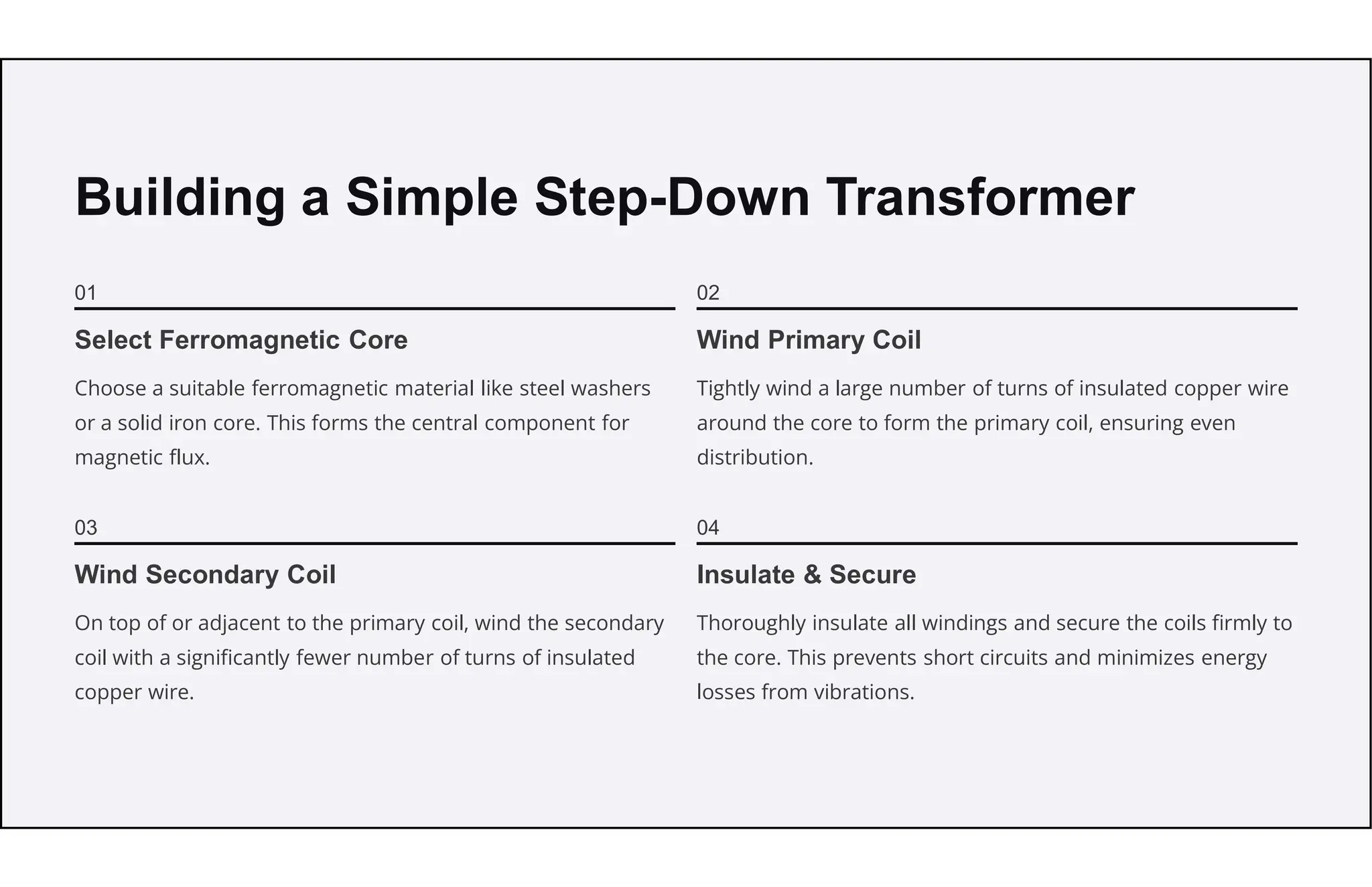 Building a Simple Step-Down Transformer
01
Select Ferromagnetic Core
Choose a suitable ferromagnetic material like steel washers
or a solid iron core. This forms the central component for
magnetic flux.
02
Wind Primary Coil
Tightly wind a large number of turns of insulated copper wire
around the core to form the primary coil, ensuring even
distribution.
03
Wind Secondary Coil
On top of or adjacent to the primary coil, wind the secondary
coil with a significantly fewer number of turns of insulated
copper wire.
04
Insulate & Secure
Thoroughly insulate all windings and secure the coils firmly to
the core. This prevents short circuits and minimizes energy
losses from vibrations.
 