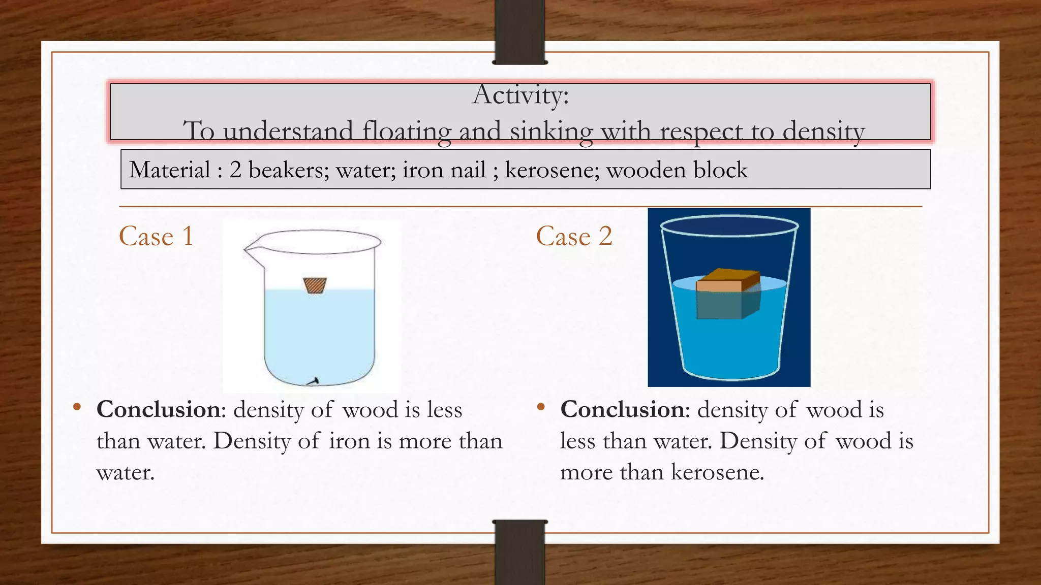 Activity:
To understand floating and sinking with respect to density
Case 1
• Conclusion: density of wood is less
than water. Density of iron is more than
water.
Case 2
• Conclusion: density of wood is
less than water. Density of wood is
more than kerosene.
Material : 2 beakers; water; iron nail ; kerosene; wooden block
 