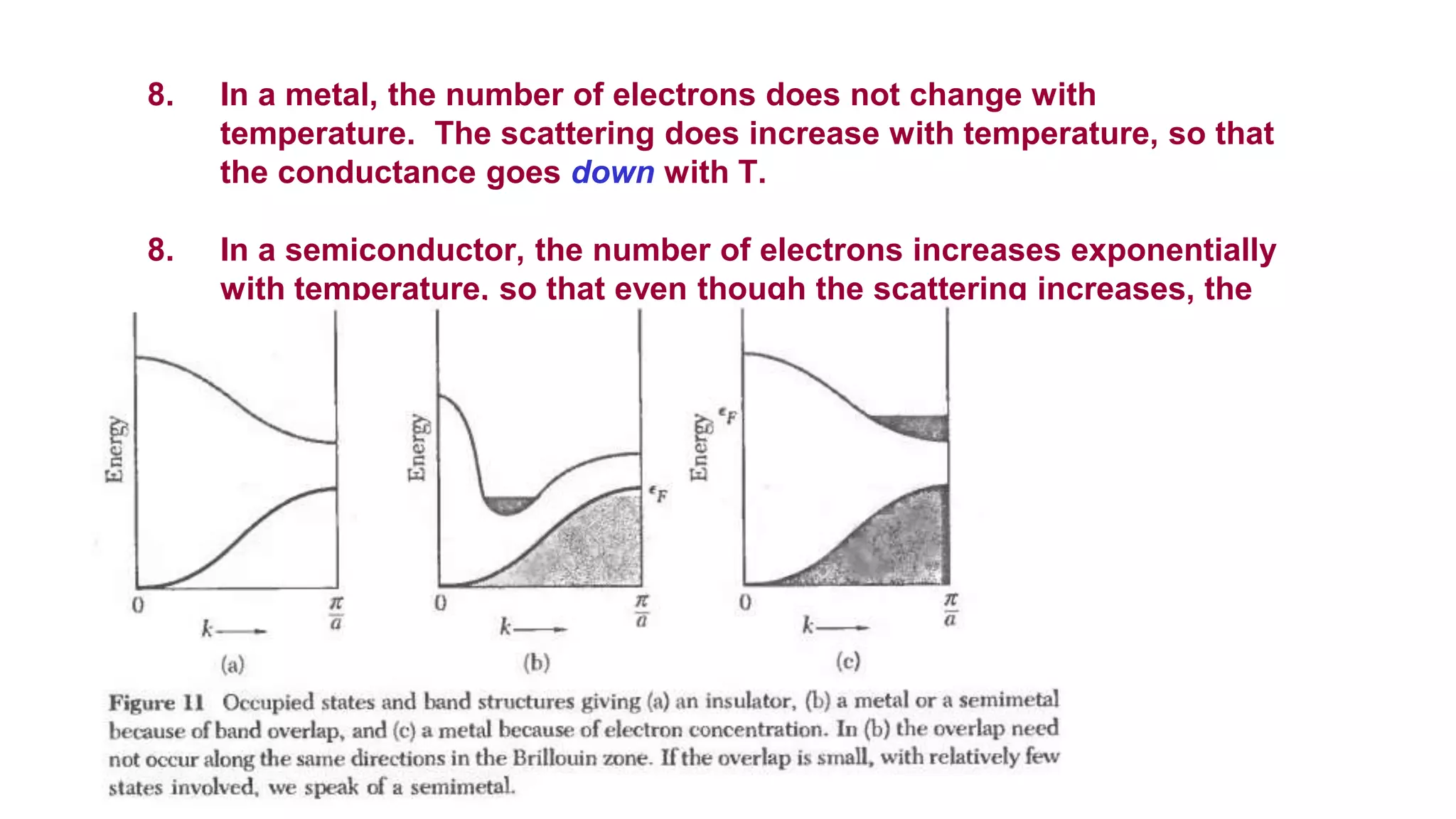 8. In a metal, the number of electrons does not change with
temperature. The scattering does increase with temperature, so that
the conductance goes down with T.
8. In a semiconductor, the number of electrons increases exponentially
with temperature, so that even though the scattering increases, the
conductance increases with T.
 