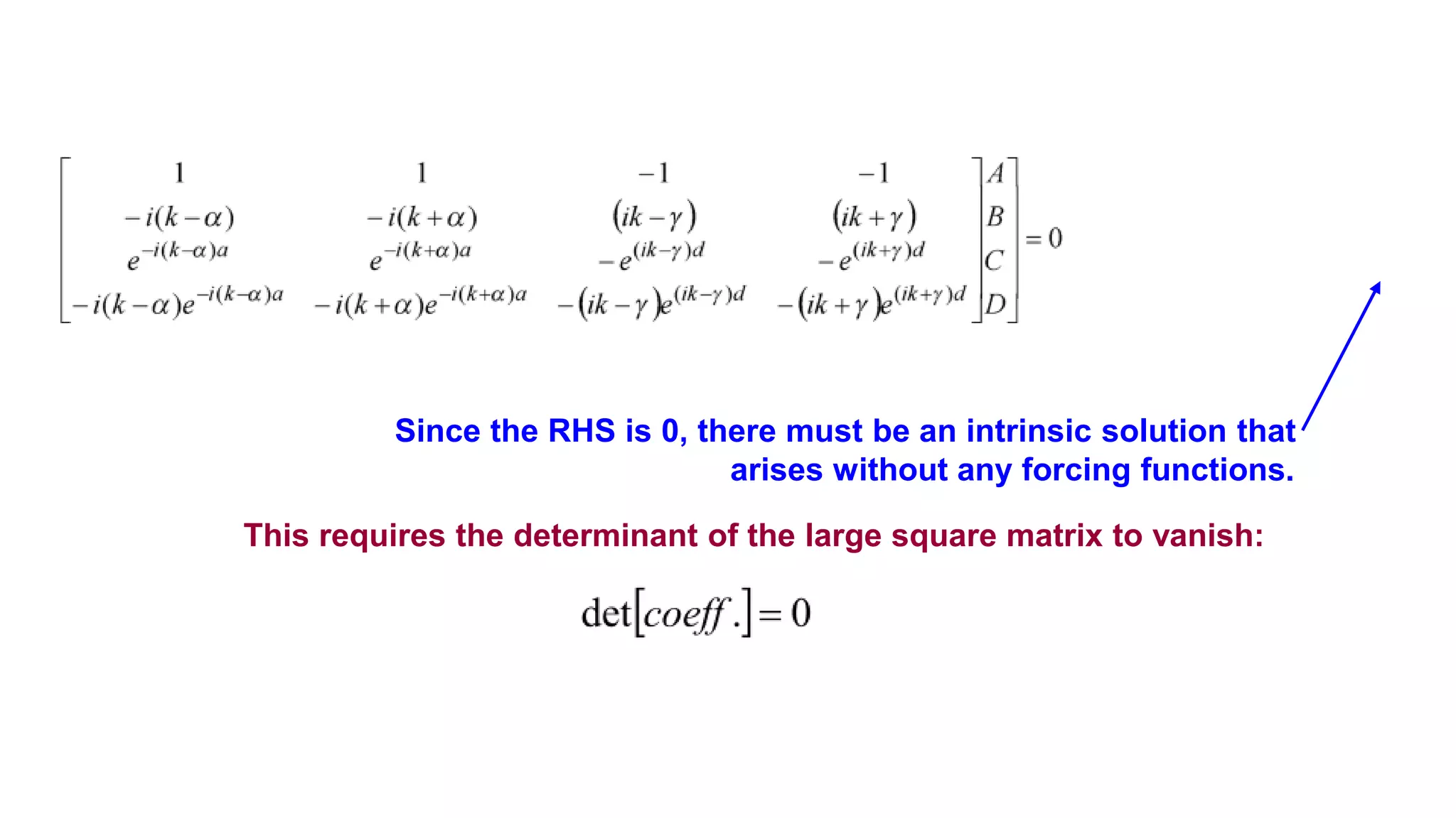 Since the RHS is 0, there must be an intrinsic solution that
arises without any forcing functions.
This requires the determinant of the large square matrix to vanish:
 