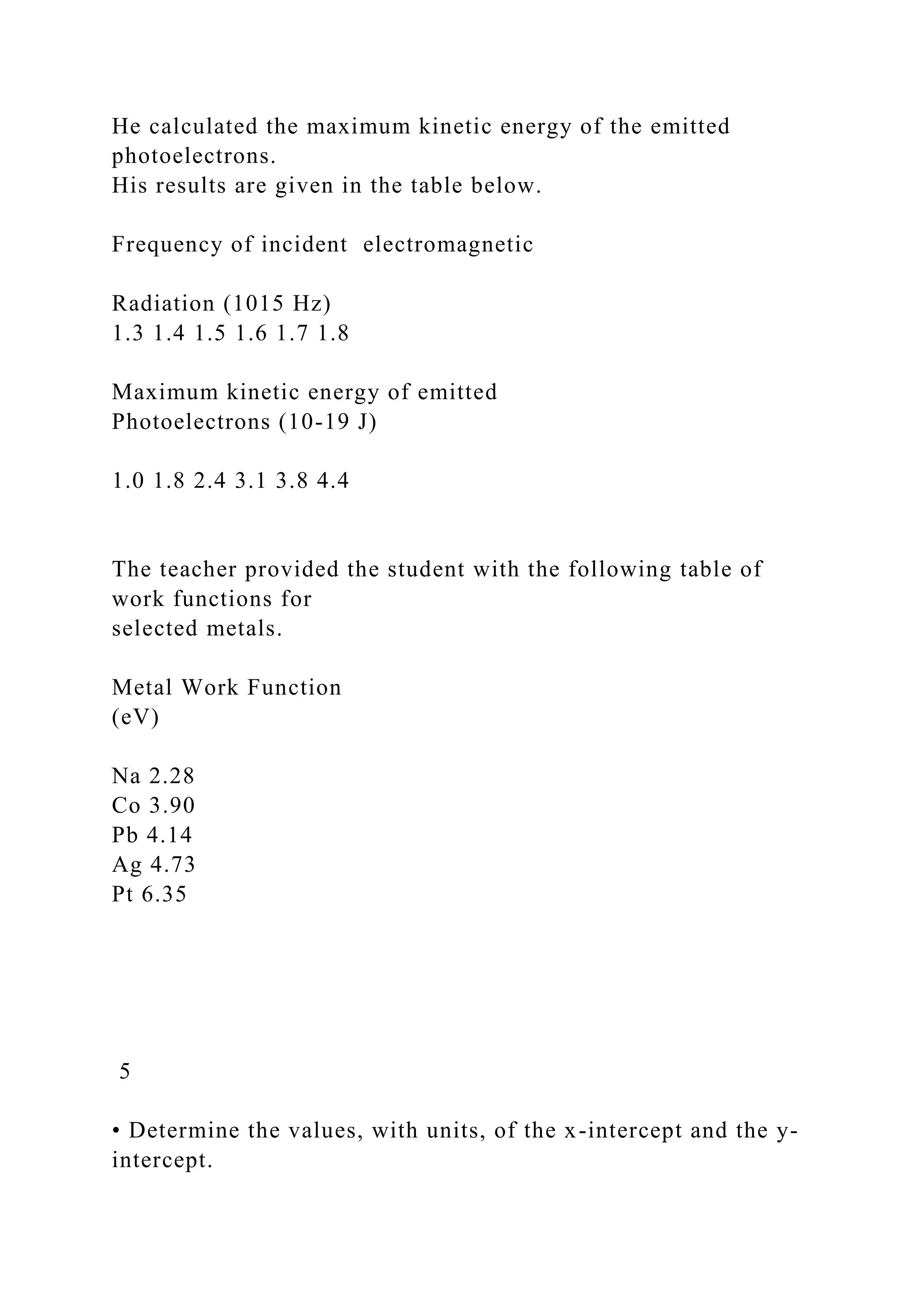 He calculated the maximum kinetic energy of the emitted
photoelectrons.
His results are given in the table below.
Frequency of incident electromagnetic
Radiation (1015 Hz)
1.3 1.4 1.5 1.6 1.7 1.8
Maximum kinetic energy of emitted
Photoelectrons (10-19 J)
1.0 1.8 2.4 3.1 3.8 4.4
The teacher provided the student with the following table of
work functions for
selected metals.
Metal Work Function
(eV)
Na 2.28
Co 3.90
Pb 4.14
Ag 4.73
Pt 6.35
5
• Determine the values, with units, of the x-intercept and the y-
intercept.
 