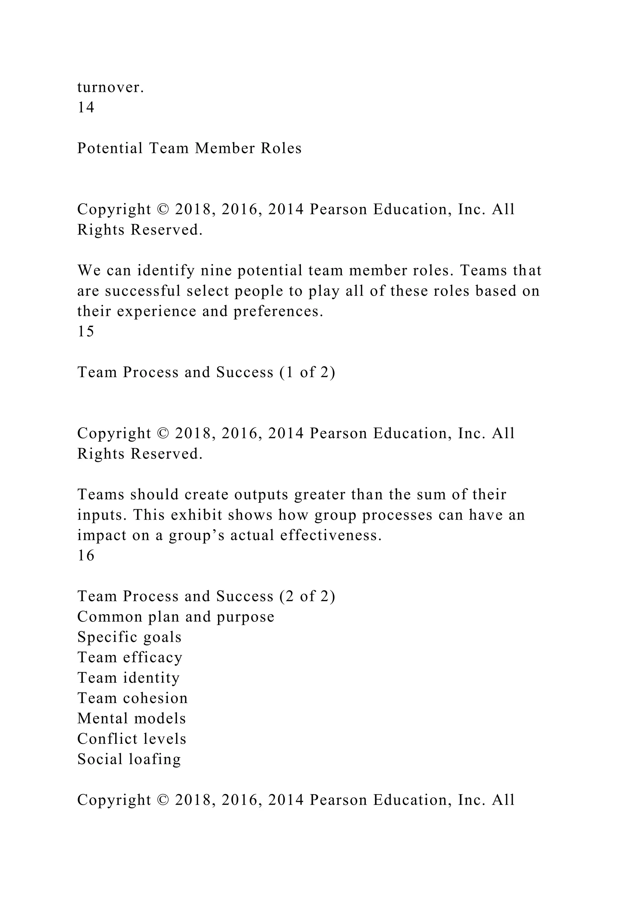 turnover.
14
Potential Team Member Roles
Copyright © 2018, 2016, 2014 Pearson Education, Inc. All
Rights Reserved.
We can identify nine potential team member roles. Teams that
are successful select people to play all of these roles based on
their experience and preferences.
15
Team Process and Success (1 of 2)
Copyright © 2018, 2016, 2014 Pearson Education, Inc. All
Rights Reserved.
Teams should create outputs greater than the sum of their
inputs. This exhibit shows how group processes can have an
impact on a group’s actual effectiveness.
16
Team Process and Success (2 of 2)
Common plan and purpose
Specific goals
Team efficacy
Team identity
Team cohesion
Mental models
Conflict levels
Social loafing
Copyright © 2018, 2016, 2014 Pearson Education, Inc. All
 