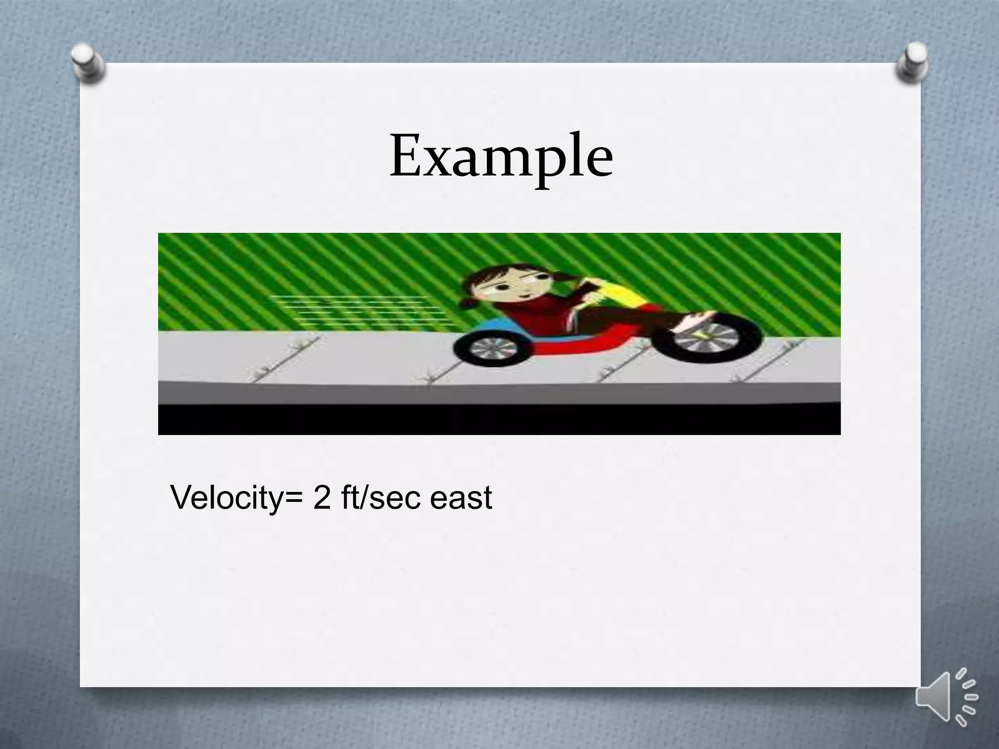 Example




Velocity= 2 ft/sec east
 