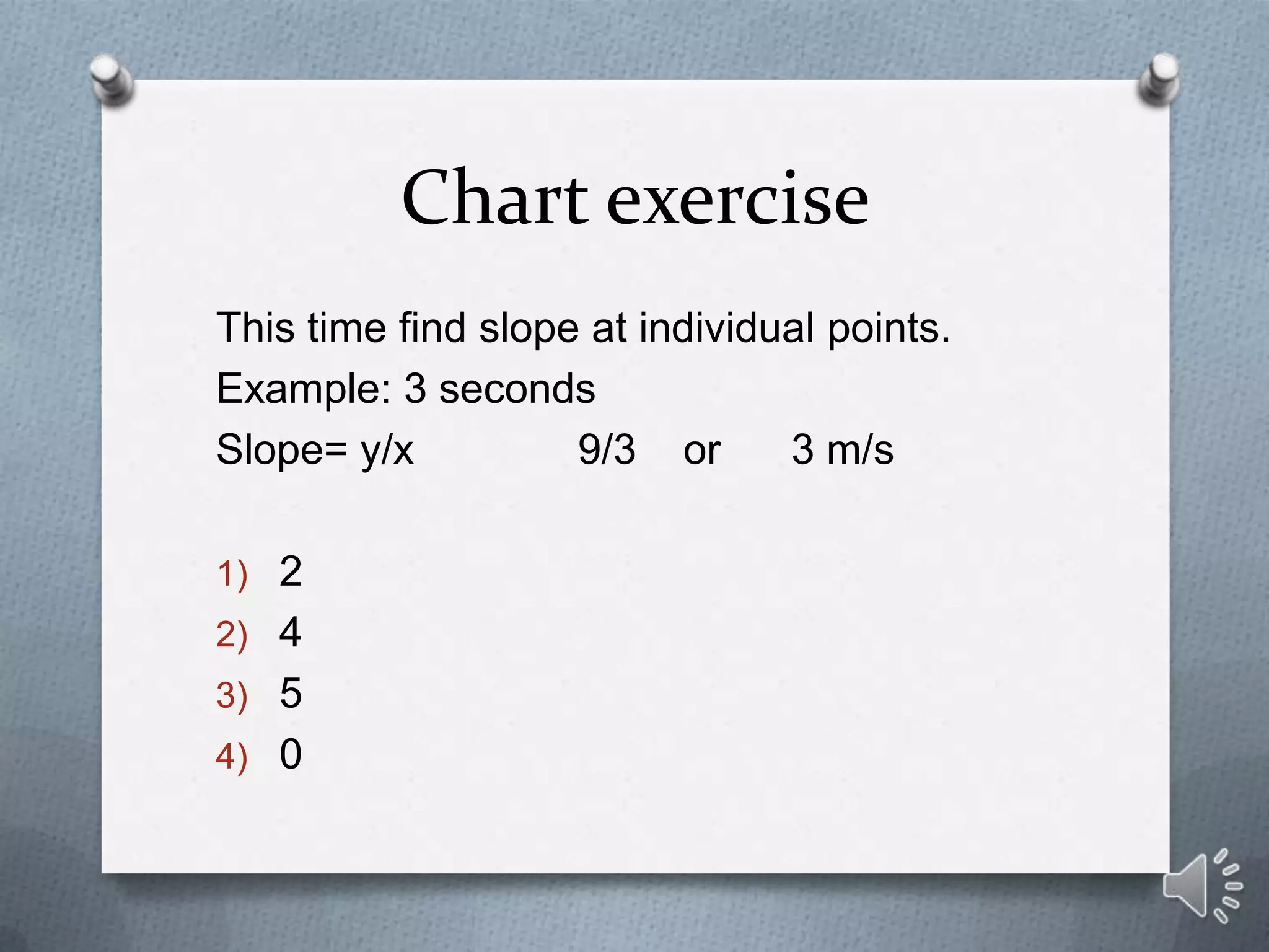 Chart exercise
This time find slope at individual points.
Example: 3 seconds
Slope= y/x          9/3 or      3 m/s

1) 2
2) 4
3) 5
4) 0
 