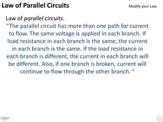 Law of Parallel Circuits                           Modify your Law.


 Law of parallel circuits.
 “The parallel circuit has more than one path for current
   to flow. The same voltage is applied in each branch. If
  load resistance in each branch is the same, the current
    in each branch is the same. If the load resistance in
 each branch is different, the current in each branch will
   be different. Also, if one branch is broken, current will
        continue to flow through the other branch. “
 