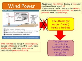 Wind Power
The steam (or
water / wind)
turns a turbine
The generator
converts the
movement of the
turbine (kinetic
energy) into
electricity.
http://www.newhomewindpower.com/wind-power-generators.html
Wind turbines are put up in exposed places,
such as hilltops and around the coast. Each
wind turbine has its own generator, so
electricity is generated directly.
Advantages: no pollution. Energy is free, and
running costs are almost nil.
Disadvantages: can be considered an eyesore,
and there is some noise pollution. No power is
produced when the wind drops.
 