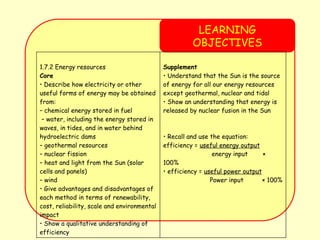 LEARNING
OBJECTIVES
1.7.2 Energy resources
Core
• Describe how electricity or other
useful forms of energy may be obtained
from:
– chemical energy stored in fuel
– water, including the energy stored in
waves, in tides, and in water behind
hydroelectric dams
– geothermal resources
– nuclear fission
– heat and light from the Sun (solar
cells and panels)
– wind
• Give advantages and disadvantages of
each method in terms of renewability,
cost, reliability, scale and environmental
impact
• Show a qualitative understanding of
efficiency
Supplement
• Understand that the Sun is the source
of energy for all our energy resources
except geothermal, nuclear and tidal
• Show an understanding that energy is
released by nuclear fusion in the Sun
• Recall and use the equation:
efficiency = useful energy output
energy input ×
100%
• efficiency = useful power output
Power input × 100%
 