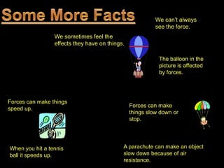 We can’t always
                                                          see the force.
                 We sometimes feel the
                 effects they have on things.

                                                           The balloon in the
                                                           picture is affected
                                                           by forces.




Forces can make things
                                                Forces can make
speed up.
                                                things slow down or
                                                stop.




When you hit a tennis                       A parachute can make an object
ball it speeds up.                          slow down because of air
                                            resistance.
 
