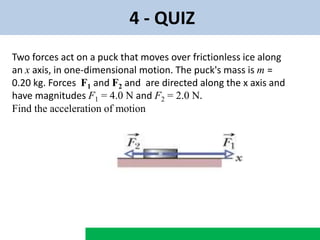 4 - QUIZ
Two forces act on a puck that moves over frictionless ice along
an x axis, in one-dimensional motion. The puck's mass is m =
0.20 kg. Forces F1 and F2 and are directed along the x axis and
have magnitudes F1 = 4.0 N and F2 = 2.0 N.
Find the acceleration of motion
 