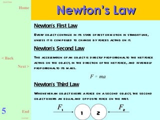 5 Newton’s Law Newton’s First Law Every object continue in its state of rest or motion in straight line, unless it is compelled to change by forces acting on it. Newton’s Third Law Whenever an object exerts a force on a second object, the second object exerts an equal and opposite force on the first. 2 < Back Next > Newton’s Second Law The acceleration of an object is directly proportional to the net force acting on the object, in the direction of the net force, and inversely proportional to its mass. F  =  ma 1 F 1 F 2 