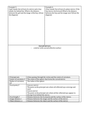 Example 5:
A girl stands 4m in front of a mirror and a boy
stands 2m behind her. What is the distance
between the girl and the image of the boy. (Draw
the diagram)
Example 6:
A boy stands 5m in front of a plane mirror. If the
boy moves 2m forward.What is the distance
between the boy and his image now?(Draw the
diagram)
Curved mirrors
- a mirror with curved reflective surface
Principal axis A line passing through the vertex and the centre of curvature.
Centre of curvature, C The centre of the sphere that forms the curved mirror.
Radius of curvature,
CP
The radius of the sphere.
Focal point, F Concave mirror:
The point on the principal axis where all reflected rays converge and
meet.
Convex mirror:
The point on the principal axis where all the reflectedrays appear to
diverge from behind the mirror.
Focal length, f Distance between the focalpoint and the surface of the mirror.
Image distance, i Distance between the image and the surface of the mirror.
Objectdistance, u Distance between the object and the surface of the mirror.
 