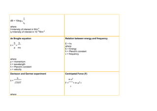 I
dB = 10log10
                  I0
where
I=intensity of interest in Wm-2
I0=intensity of interest in 10-12Wm-2

de Broglie equation                     Relation between energy and frequency

     h       h                          E = hν
λ=       =                              where
     p       mv                         E = Energy
                                        h = Planck's constant
                                        ν = frequency

where
p = momentum
λ = wavelength
h = Planck's constant
v = velocity
Davisson and Germer experiment          Centripetal Force (F)

         h                                 m v2
λ=
                                        F=        = m ω2 r
                                             r


where
 