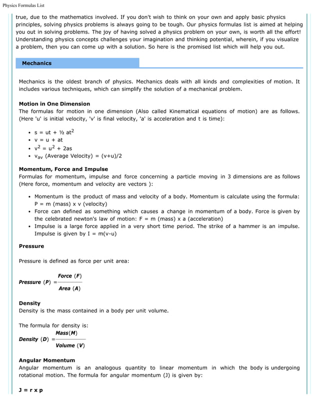 Physics formulas list | PDF