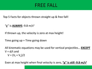 FREE FALL
Top 5 Facts for objects thrown straight up & free fall!
“g” is ALWAYS -9.8 m/s2
If thrown up, the velocity is zero at max height!
Time going up = Time going down
All kinematic equations may be used for vertical projectiles… EXCEPT
V = d/t and
V = (Vf + Vii)/2
Even at max height when final velocity is zero, “g” is still -9.8 m/s2
 
