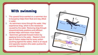 1. The upward force exerted on a swimmer due
to buoyancy helps them float and stay afloat
in water.
2. As swimmers move through the water, they
experience drag, which is the resistance
caused by the water. Reducing drag through
streamlined body positions and efficient
strokes helps swimmers move faster.
3. Swimmers generate forward motion by
applying force to the water . Newton's third
law of motion states that for every action
(pushing against the water), there is an equal
and opposite reaction (the water pushes the
swimmer forward).
With swimming
 