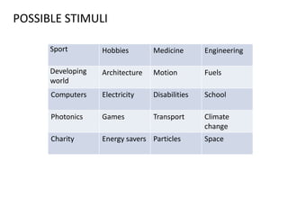 POSSIBLE STIMULI
Sport Hobbies Medicine Engineering
Developing
world
Architecture Motion Fuels
Computers Electricity Disabilities School
Photonics Games Transport Climate
change
Charity Energy savers Particles Space
 
