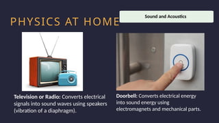 Household activity
Work Productivity
PHYSICS AT HOME
Television or Radio: Converts electrical
signals into sound waves using speakers
(vibration of a diaphragm).
Doorbell: Converts electrical energy
into sound energy using
electromagnets and mechanical parts.
Sound and Acoustics
 