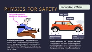 Household activity
Health and Safety
Work Productivity
PHYSICS FOR SAFETY
Seatbelts (Newton’s 1st Law - Inertia): In a
sudden stop, a person’s body wants to keep
moving. Seatbelts provide the force needed to
stop your motion with the vehicle, reducing the
risk of injury.
Airbags (Newton’s 2nd Law - Acceleration):
Airbags reduce the force on passengers by
increasing the time over which momentum
changes, minimizing injury from collisions.
Newton’s Laws of Motion
 