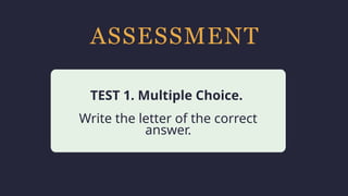 ASSESSMENT
Household activity
TEST 1. Multiple Choice.
Write the letter of the correct
answer.
Leisure
 