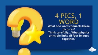 4 PICS, 1
WORD
What one word connects these
pictures?
Think carefully... What physics
principle links all four images
together?
 