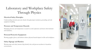 Laboratory and Workplace Safety
Through Physics
Electrical Safety Principles
Understanding electricity prevents shocks through proper insulation, grounding, and safe
equipment handling.
Pressure and Temperature Hazards
Managing pressure and temperature is crucial to avoid explosions and burns with chemicals
and machinery.
Personal Protective Equipment
Wearing goggles, gloves, and helmets reduces physical hazard impacts in labs and workplaces.
Safety Signage and Barriers
Warning signs and safety barriers help identify risks and prevent accidents in hazardous
environments.
 