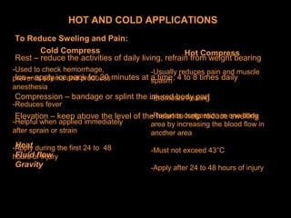 HOT AND COLD APPLICATIONS
Cold Compress
-Used to check hemorrhage,
prevents edema and produces
anesthesia
-Reduces fever
-Helpful when applied immediately
after sprain or strain
-Apply during the first 24 to 48
hours of injury
Hot Compress
-Usually reduces pain and muscle
spasm
-Promotes healing
-Reduces congestion in one body
area by increasing the blood flow in
another area
-Must not exceed 43°C
-Apply after 24 to 48 hours of injury
To Reduce Sweling and Pain:
Rest – reduce the activities of daily living, refrain from weight bearing
Ice – apply ice pack for 20 minutes at a time, 4 to 8 times daily
Compression – bandage or splint the injured body part
Elevation – keep above the level of the heart to help reduce swelling
Heat
Fluid flow
Gravity
 