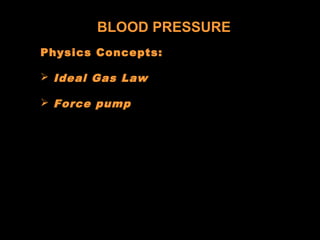 BLOOD PRESSURE
Physics Concepts:
 Ideal Gas Law
 Force pump
 