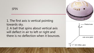 SPIN
1. The first axis is vertical pointing
towards sky.
2. A ball that spins about vertical axis
will deflect in air to left or right and
there is no deflection when it bounces.
 
